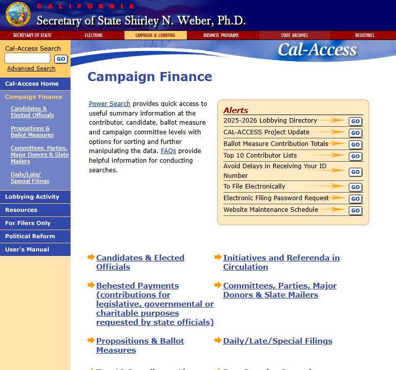 Screenshot of the Cal-Access campaign finance portal showing its outdated search interface, fragmented navigation, and compliance-focused design that makes data analysis difficult