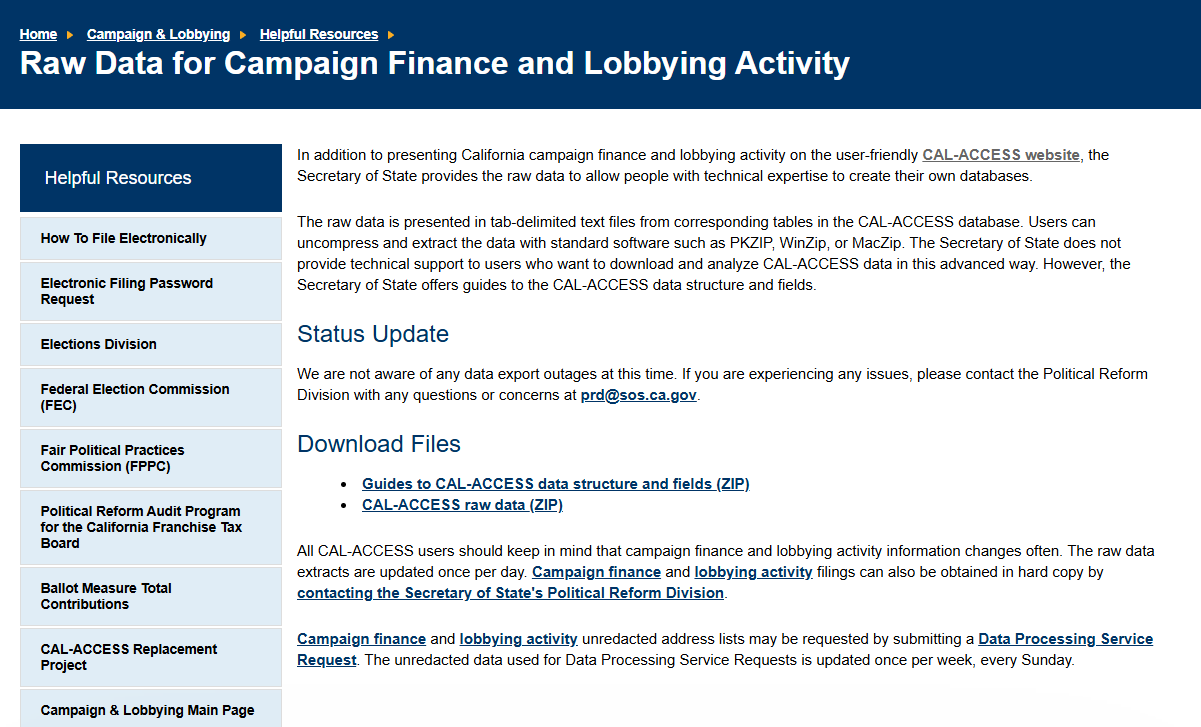 Cal-Access bulk data download page showing raw zip file exports for California campaign finance data, with no documentation or guidance for working with the files