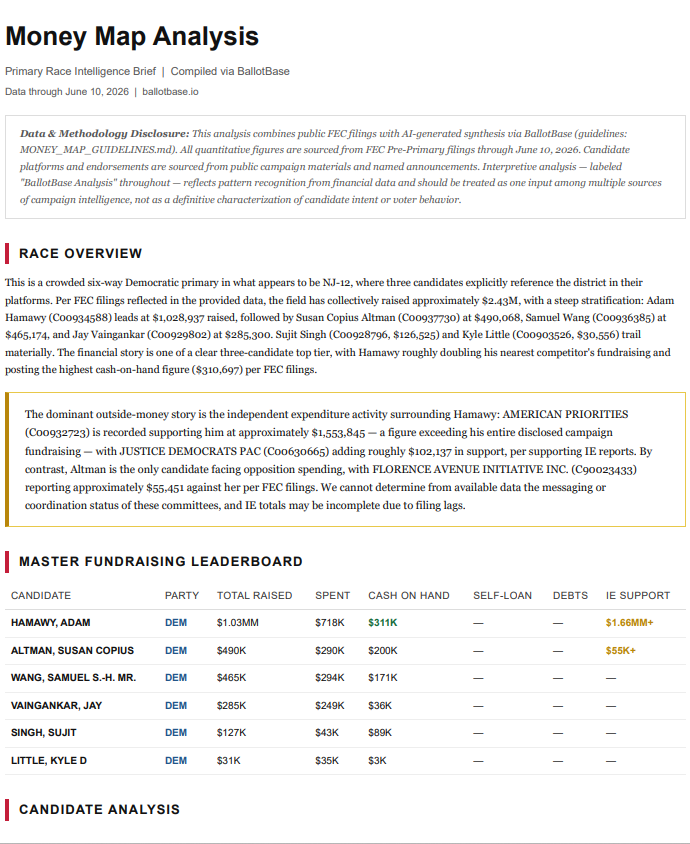 Client-ready PDF memo showing race overview, master fundraising leaderboard, and candidate analysis
