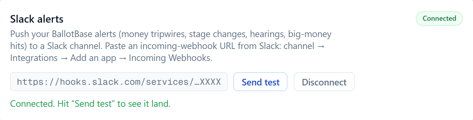 BallotBase Slack alerts settings card showing a connected incoming webhook with Send test and Disconnect buttons