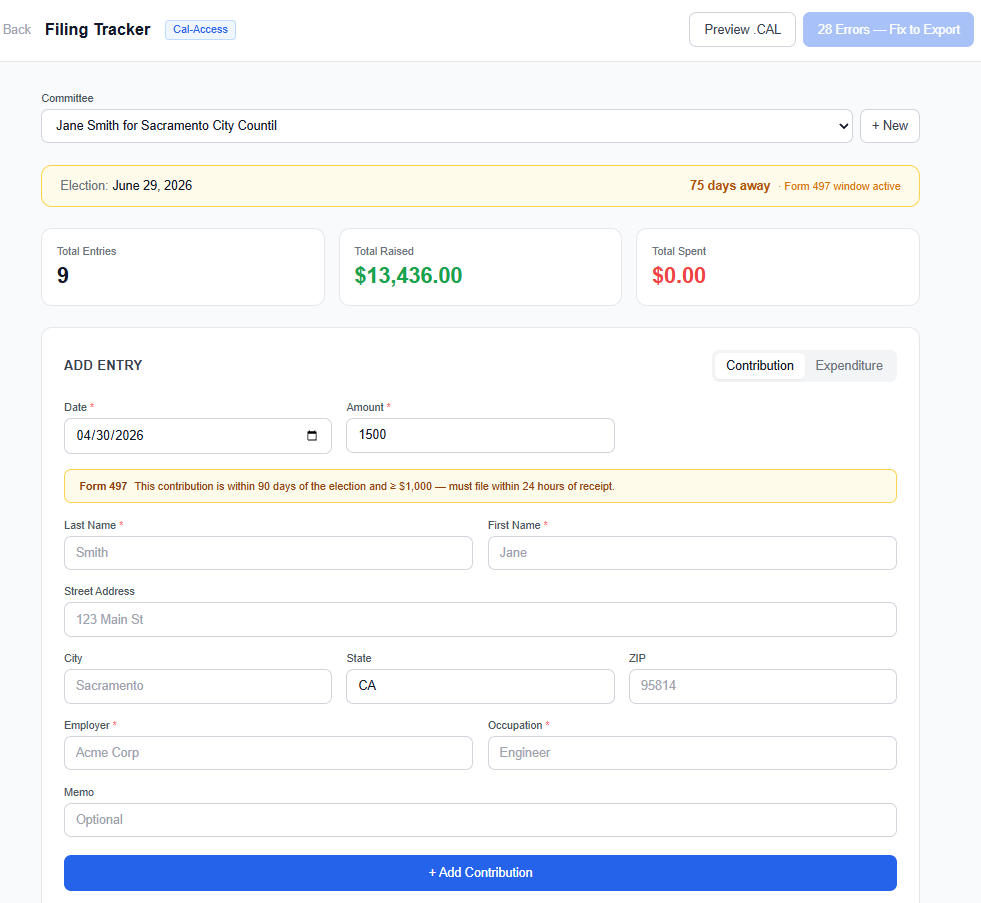BallotBase California Filing Tracker showing a transaction ledger with Form 460 and Form 497 badges, inline compliance error flags for missing employer and occupation fields, and an export button blocked until all required fields are complete