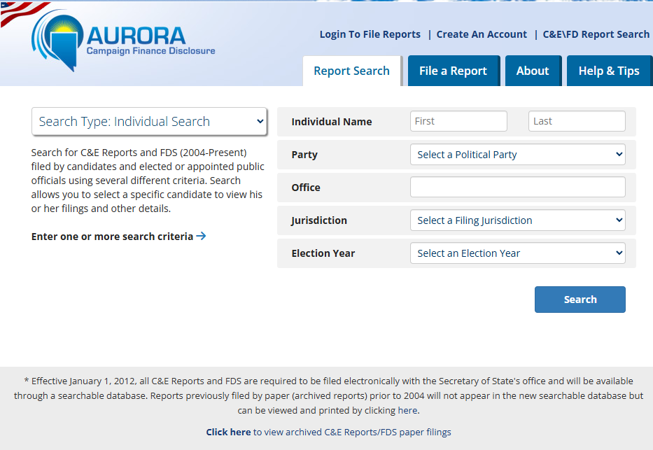 Screenshot of the Nevada AURORA campaign finance data request portal showing the account registration and manual file request process